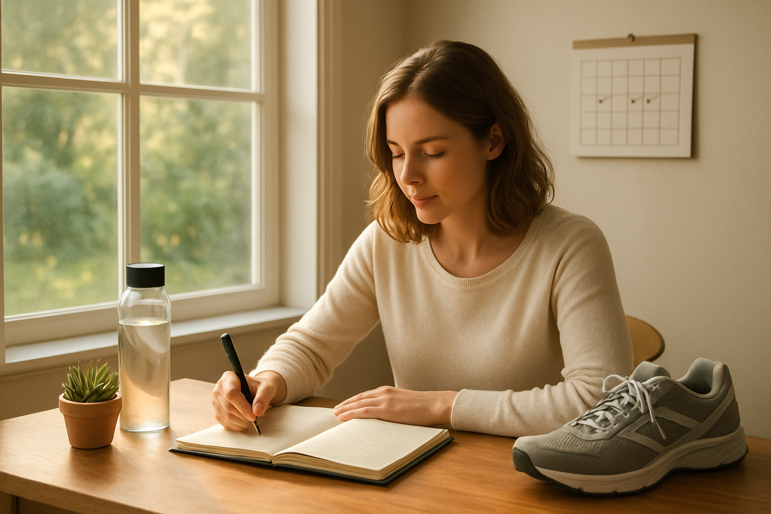 Create a realistic image of a peaceful morning scene showing a white female in her 30s sitting at a clean wooden desk by a large window with natural sunlight streaming in, writing in an open journal with a pen, surrounded by subtle symbols of positive habits including a water bottle, small potted plant, running shoes placed nearby, and a simple wall calendar with small checkmarks, creating an atmosphere of calm determination and personal growth, with soft warm lighting and a serene background of a garden view through the window, absolutely NO text should be in the scene.