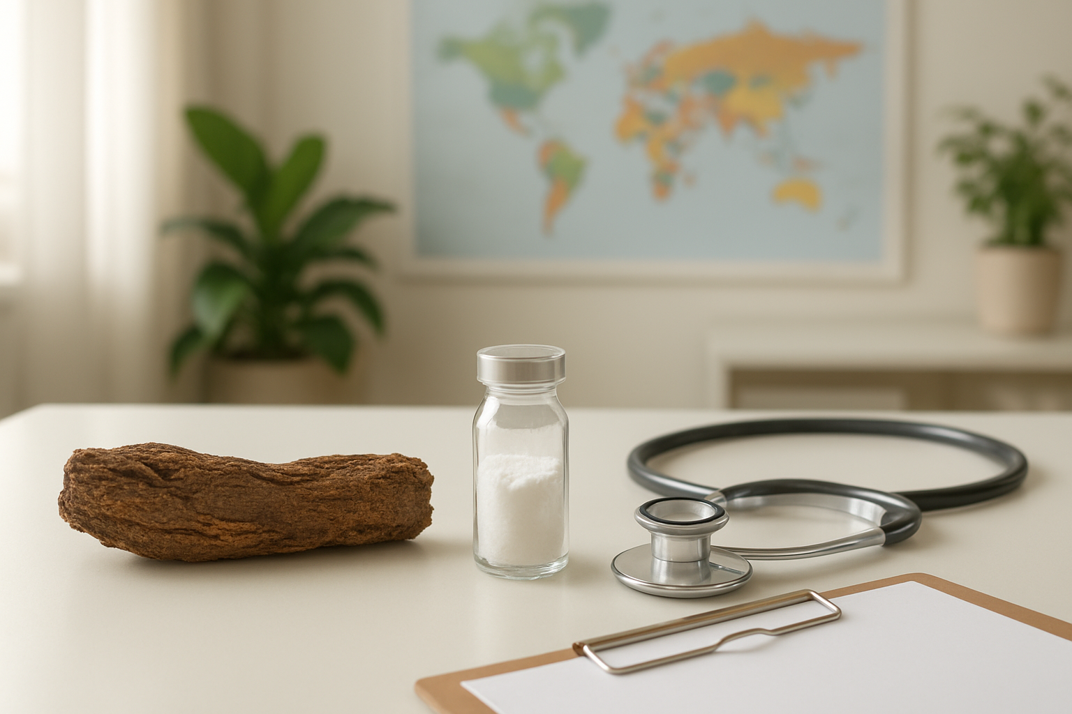 Create a realistic image of a peaceful wellness consultation room with a clean white desk featuring two distinct plant specimens side by side - a raw iboga root bark on the left and refined white ibogaine powder in a small glass vial on the right, with a stethoscope, medical notepad, and a world map showing different countries highlighted in various colors representing legal status variations, soft natural lighting streaming through a window, professional medical atmosphere with plants in the background, warm and hopeful mood suggesting informed decision-making and healing possibilities, absolutely NO text should be in the scene.