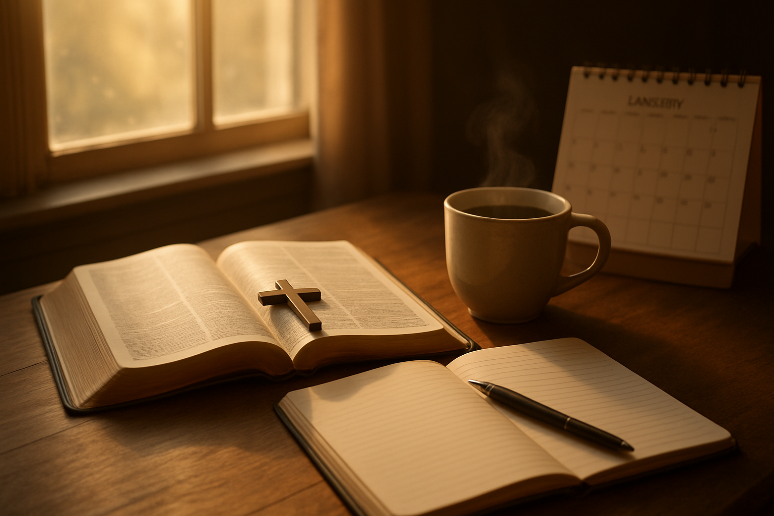 Create a realistic image of a peaceful morning scene showing an open Bible and journal on a wooden desk next to a window with soft golden sunlight streaming through, a steaming cup of coffee nearby, a small wooden cross resting on the pages, and a calendar showing January in the background, with warm natural lighting creating a serene and contemplative atmosphere that conveys spiritual reflection and purposeful planning, absolutely NO text should be in the scene.