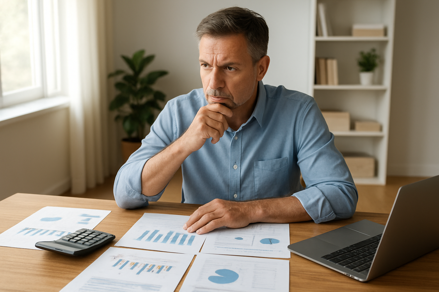 Create a realistic image of a middle-aged white male sitting at a wooden desk in a bright, modern home office, looking thoughtful and determined while reviewing financial documents and charts spread across the desk, with a calculator, laptop, and organized folders nearby, natural sunlight streaming through a window creating a hopeful and focused atmosphere, symbolizing financial planning and taking control of money decisions, absolutely NO text should be in the scene.