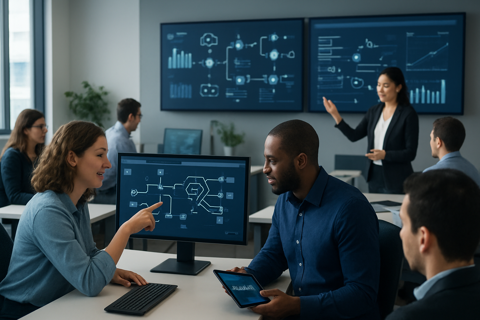 Create a realistic image of a modern office environment showing multiple diverse professionals working at computers with dashboards displaying connected workflow diagrams and automation processes, including a white female developer pointing at a monitor showing interconnected nodes and data flows, a black male team lead reviewing success metrics on a tablet, and an Asian female project manager presenting automation results to colleagues, with large wall displays showing various business process visualizations, charts showing improved efficiency metrics, and connected system icons in the background, featuring bright professional lighting and a collaborative atmosphere that conveys successful implementation of workflow automation solutions, absolutely NO text should be in the scene.