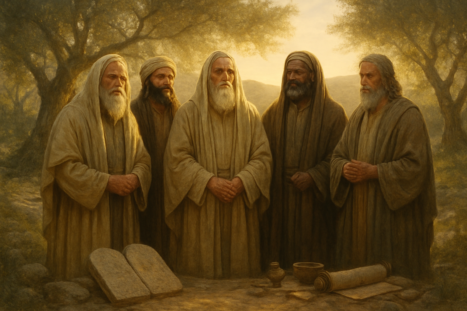 Create a realistic image of ancient Middle Eastern male patriarchs of diverse ethnicities including white and brown-skinned men with long beards and traditional biblical robes, standing in a sacred outdoor setting with olive trees and rolling hills in the background, warm golden sunlight filtering through the scene creating a reverent and spiritual atmosphere, with stone tablets, scrolls, and ancient artifacts scattered nearby representing their spiritual legacy, shot in soft natural lighting that emphasizes the dignity and wisdom of these biblical figures, absolutely NO text should be in the scene.