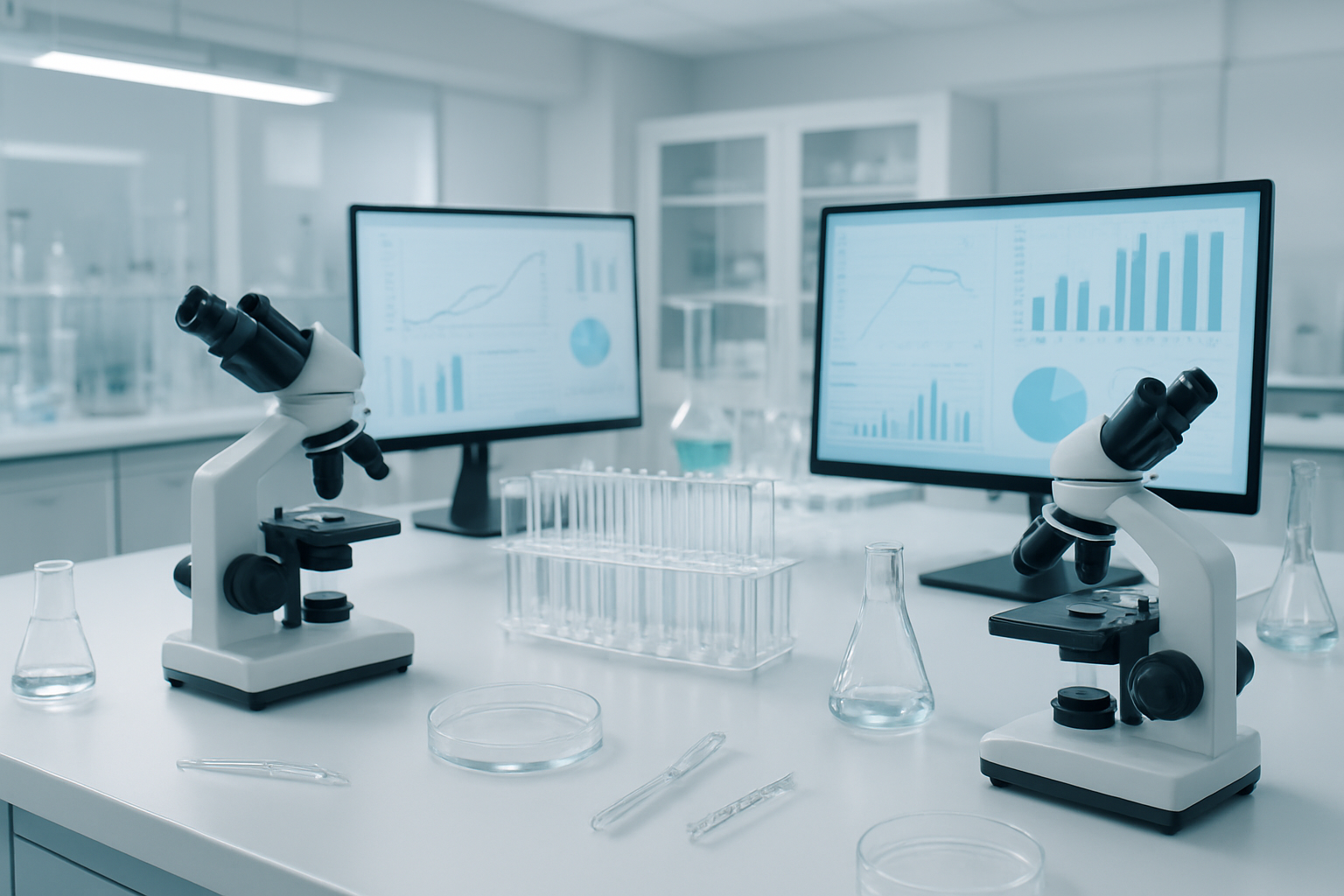 Create a realistic image of a modern scientific laboratory setting with research equipment including microscopes, test tubes with clear liquids, petri dishes, and scientific instruments on clean white lab benches, with soft fluorescent lighting creating a professional clinical atmosphere, featuring charts and graphs displayed on computer monitors showing research data, with laboratory glassware and medical research tools arranged systematically, all captured in bright, sterile lighting that emphasizes the scientific and medical research environment, absolutely NO text should be in the scene.