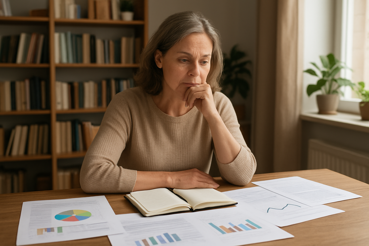 Create a realistic image of a thoughtful middle-aged white woman sitting at a wooden desk in a well-lit home office, looking contemplatively at various documents, notebooks, and charts spread across the surface that represent different life areas like finances, health, and career, with soft natural lighting from a nearby window creating a calm and introspective atmosphere, surrounded by bookshelves and plants that suggest a peaceful environment for self-reflection and honest evaluation. Absolutely NO text should be in the scene.