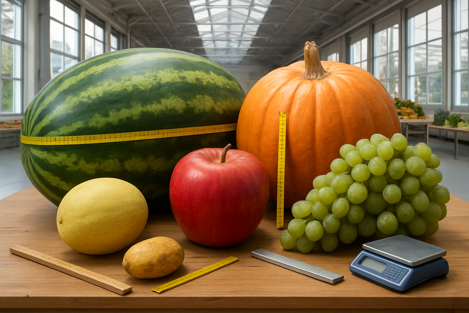 Create a realistic image of an impressive display of record-breaking fruits arranged on a wooden table, featuring an enormous watermelon, gigantic pumpkin, oversized apple, massive bunch of grapes, and other extraordinarily large fruits with measuring tapes, rulers, and scales placed around them to emphasize their record-breaking sizes, set in a bright agricultural exhibition hall with natural lighting streaming through large windows, creating an informative and impressive atmosphere that showcases fruit statistics visually, absolutely NO text should be in the scene.