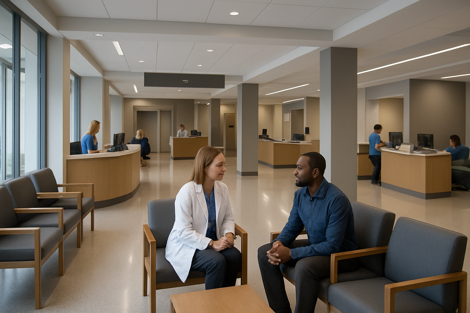 Create a realistic image of a modern specialized medical center interior showing multiple department sections with sleek reception desks, comfortable waiting areas with contemporary seating, medical professionals including a white female doctor in a white coat consulting with a black male patient, insurance verification stations with computer terminals, clear directional signage for different specialties, bright natural lighting from large windows, polished floors, and a professional healthcare atmosphere that conveys advanced medical services and streamlined patient processing, absolutely NO text should be in the scene.
