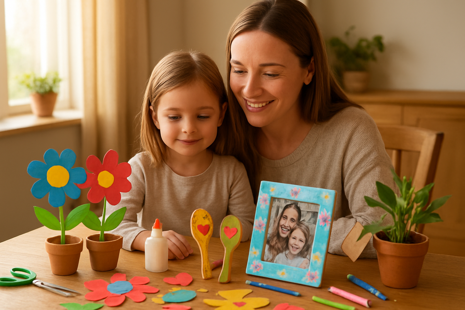 Create a realistic image of a white mother and her young child sitting together at a wooden table covered with completed Mother's Day crafts including colorful paper flowers, painted picture frames with family photos, decorated kitchen utensils, small potted plants with handmade tags, and craft supplies like scissors, glue, and crayons scattered around, with warm natural lighting streaming through a window in the background creating a cozy domestic atmosphere, the mother smiling warmly while admiring the handmade gifts, absolutely NO text should be in the scene.