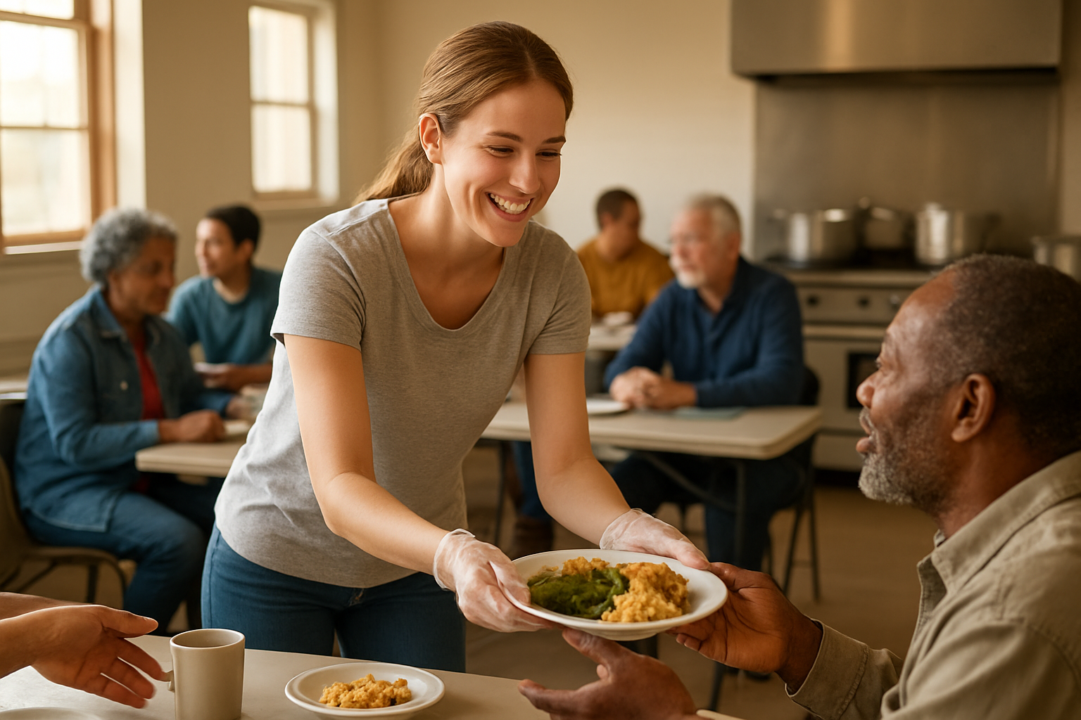 Create a realistic image of a white female volunteer in casual clothing serving food at a community kitchen, with diverse people of different races and ages sitting at tables in the background, warm natural lighting streaming through windows creating a welcoming atmosphere, showing hands reaching out to help and receive assistance, with kitchen equipment and serving dishes visible, conveying compassion and selfless service in a clean, organized community space, absolutely NO text should be in the scene.
