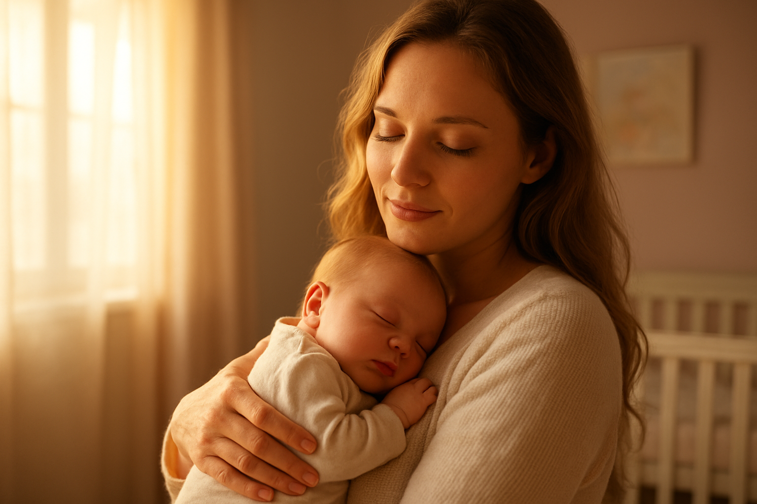 Create a realistic image of a loving white mother gently cradling her sleeping newborn baby against her chest, both bathed in soft, warm golden light streaming through a window, the mother's eyes closed with a peaceful, content expression showing pure maternal love, set in a cozy nursery with soft pastel colors in the background, capturing an intimate moment of deep emotional bonding between mother and child, with the scene conveying warmth, tenderness, and unconditional love through gentle lighting and serene atmosphere, absolutely NO text should be in the scene.