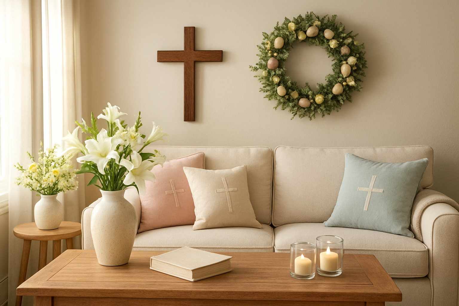 Create a realistic image of a modern living room featuring elegant Easter and Christian home decor items including a wooden cross wall art, Easter lily arrangements in ceramic vases, pastel-colored throw pillows with subtle Christian symbols, a decorative Bible on a coffee table, spring flowers in soft whites and yellows, candles in glass holders, and a beautiful wreath with Easter eggs and small crosses hanging on the wall, all arranged in a warm, inviting space with natural lighting streaming through windows, absolutely NO text should be in the scene.