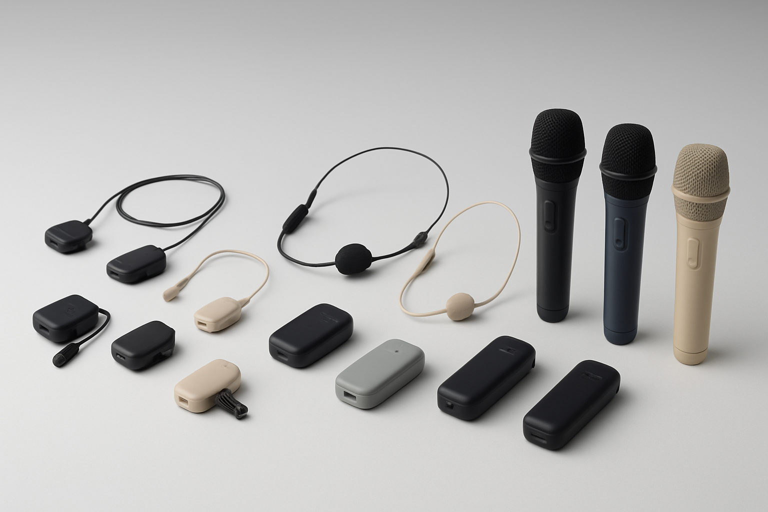 Create a realistic image of various wireless mini microphones arranged in organized groups on a clean white surface, showing different categories including lavalier clip-on mics, headset microphones, and compact handheld wireless mics, each group displaying different colors and brands, with soft even lighting creating minimal shadows, shot from a slightly elevated angle to showcase the categorization clearly, with a neutral gray gradient background, absolutely NO text should be in the scene.