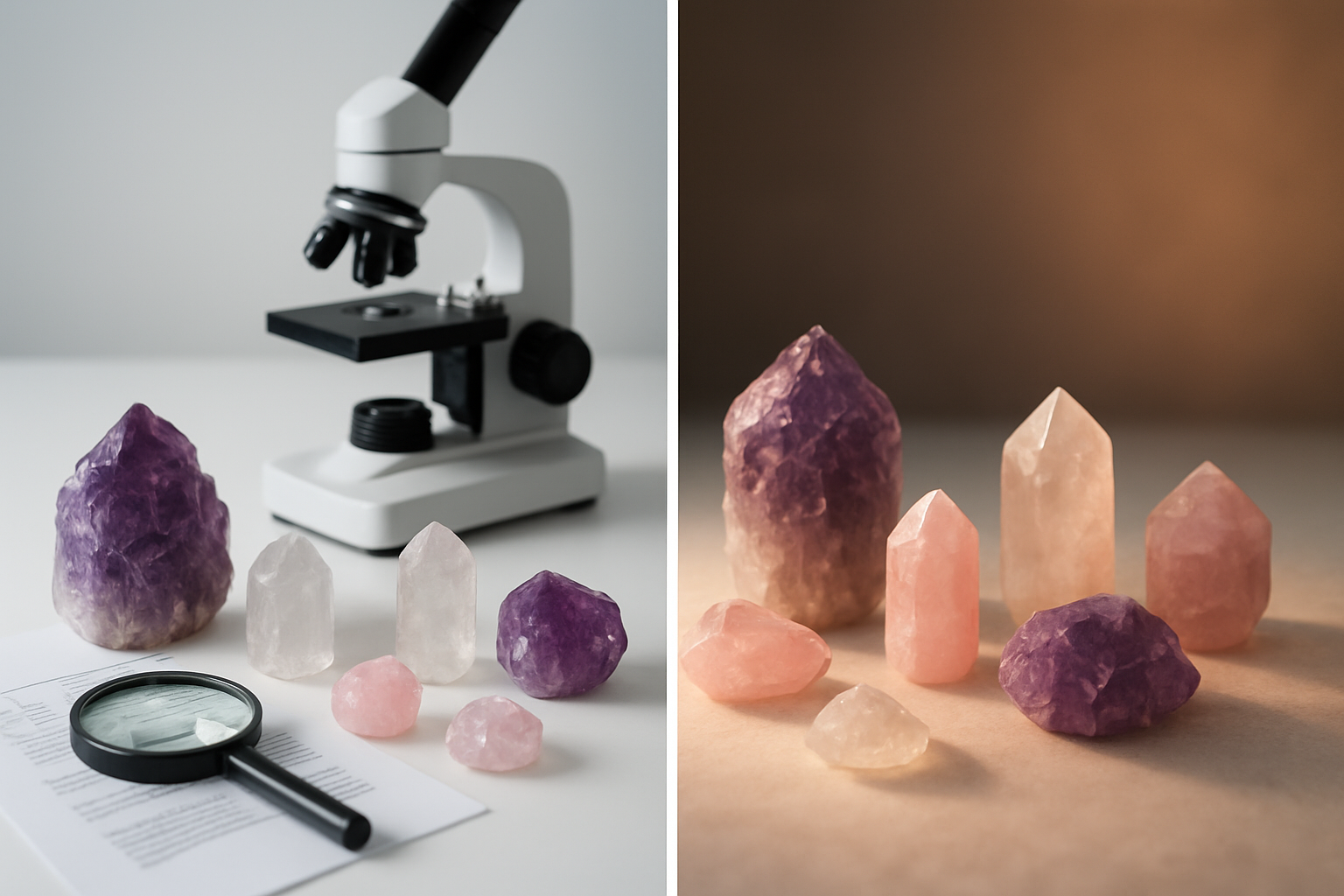 Create a realistic image of a split composition showing scientific analysis meeting crystal beliefs, with various colorful crystals (amethyst, quartz, rose quartz) arranged on a clean white laboratory table on the left side next to scientific equipment including a microscope, magnifying glass, and research papers, while the right side shows the same crystals in a softer, more mystical setting with warm ambient lighting and gentle shadows, representing the intersection of science and belief, shot with balanced natural lighting that bridges both sides of the scene, creating a thoughtful and contemplative mood that suggests careful examination and open-minded inquiry, absolutely NO text should be in the scene.