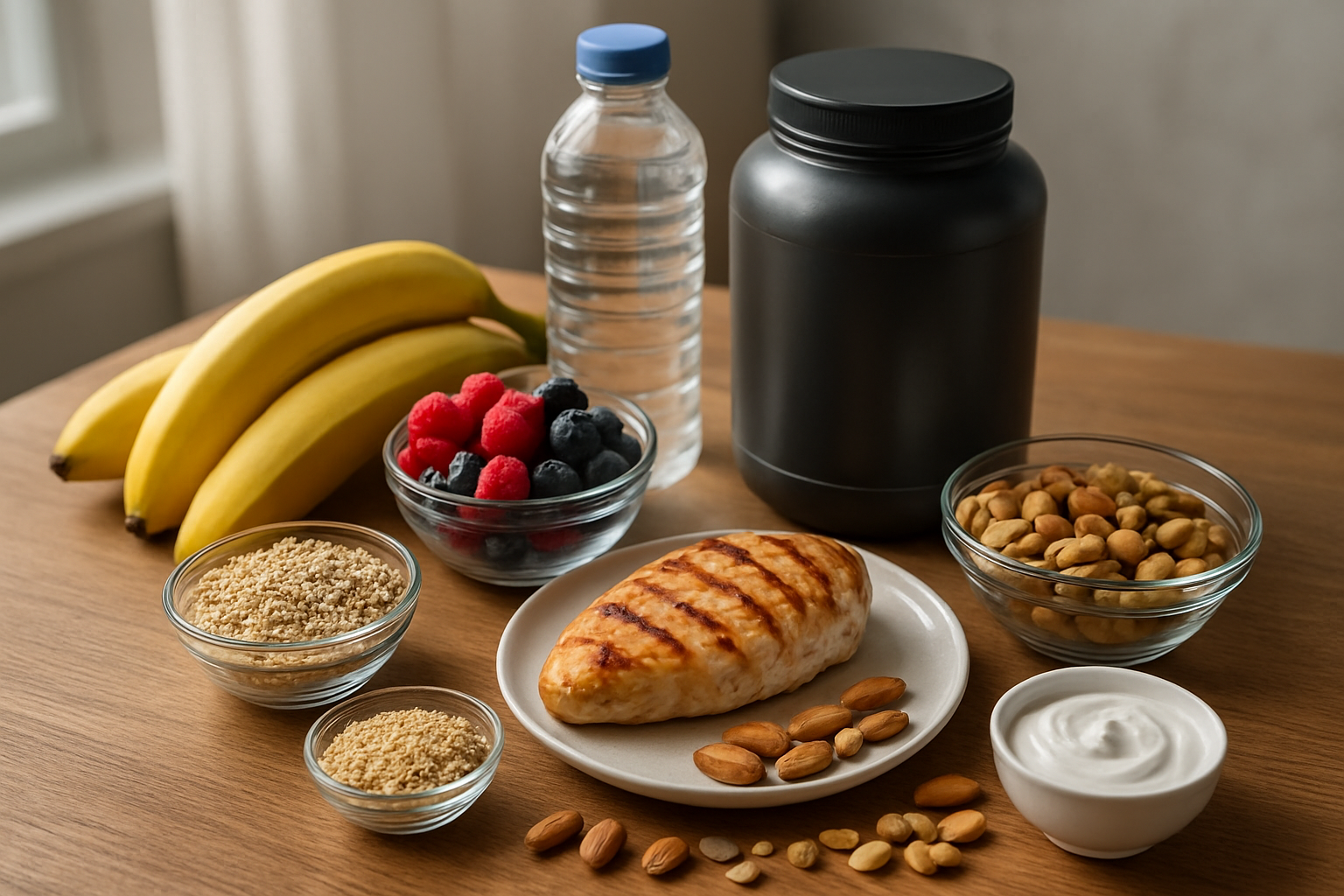 Create a realistic image of a diverse collection of performance-enhancing foods and supplements arranged on a clean wooden table, including fresh fruits like bananas and berries, whole grains in glass bowls, lean proteins such as grilled chicken breast, nuts and seeds scattered around, a water bottle, and protein powder container, with natural lighting from a window creating soft shadows, shot from a slightly elevated angle to showcase the variety of nutritional options for athletic performance, Absolutely NO text should be in the scene.