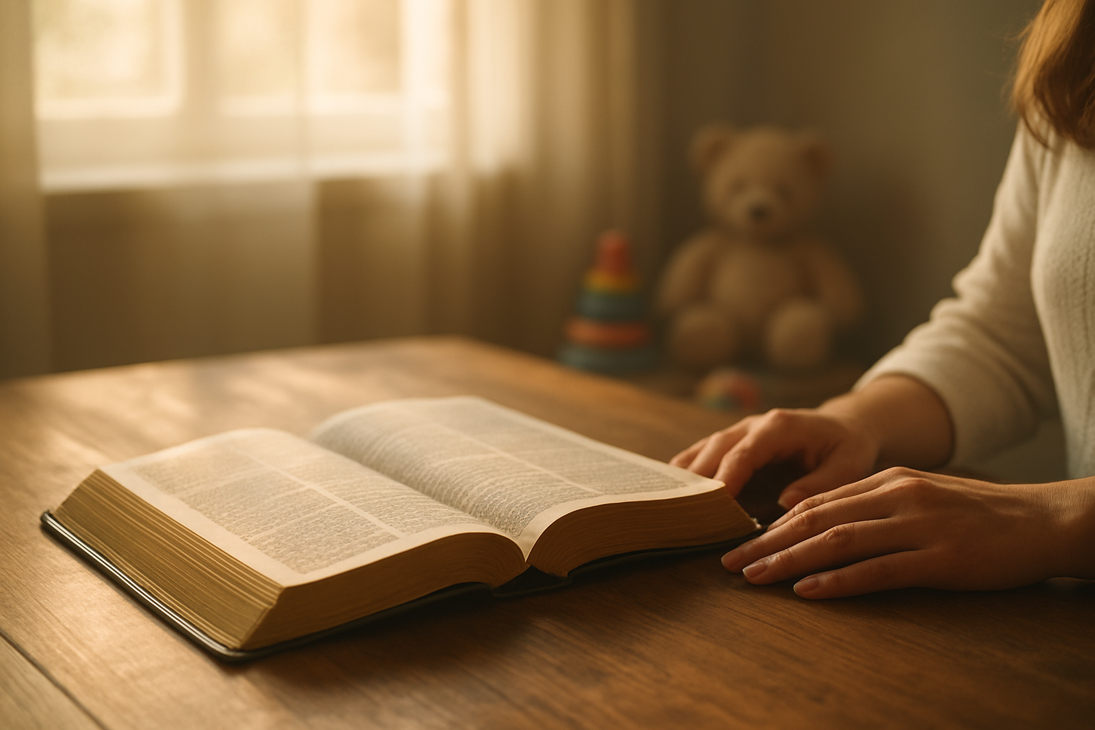Create a realistic image of an open Bible with soft golden pages lying on a wooden table, surrounded by gentle morning sunlight streaming through a window, with a white female mother's hands gently placed near the Bible as she reads, a few children's toys subtly visible in the soft-focused background suggesting a home environment, warm and peaceful lighting creating a serene atmosphere of study and reflection, absolutely NO text should be in the scene.