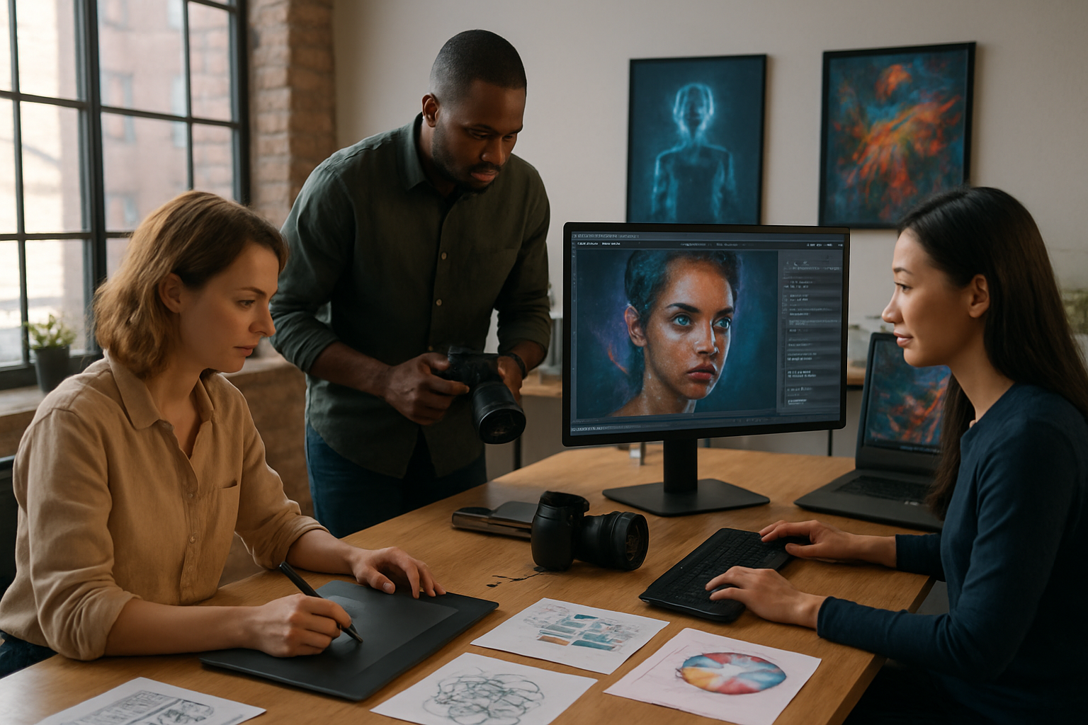 Create a realistic image of a modern creative studio workspace where human creativity meets AI technology, featuring a diverse team including a white female graphic designer working at a digital tablet, a black male photographer reviewing AI-enhanced images on a large monitor, and an Asian female video editor collaborating with AI software on a computer screen, surrounded by creative tools like cameras, design sketches, and digital artwork displays, with soft natural lighting streaming through large windows creating an innovative and collaborative atmosphere, Absolutely NO text should be in the scene.