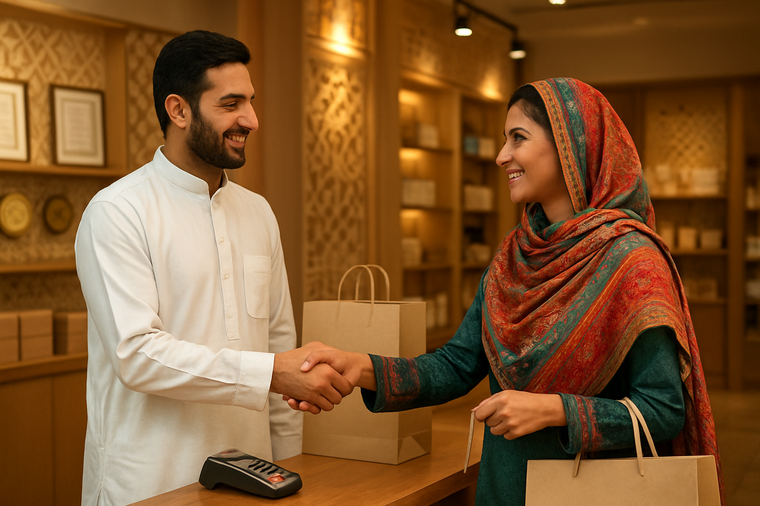 Create a realistic image of a Pakistani male business owner in traditional white kurta shaking hands with a satisfied Pakistani female customer wearing a colorful dupatta in a modern, well-lit retail store with Pakistani cultural elements like geometric patterns on walls, trust certificates and quality badges displayed on shelves, warm golden lighting creating a welcoming atmosphere, shopping bags and payment terminal visible on counter suggesting successful transaction, professional yet culturally authentic setting that conveys reliability and customer satisfaction, absolutely NO text should be in the scene.