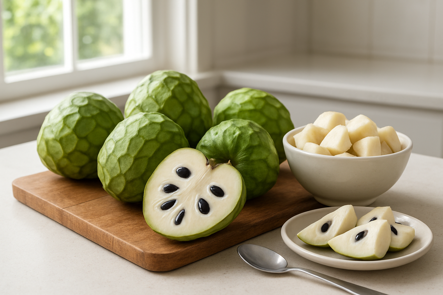 Create a realistic image of fresh cherimoya fruits arranged on a wooden cutting board with one fruit cut in half showing the creamy white flesh and black seeds inside, alongside a bowl of cherimoya chunks ready to eat, a spoon, and some cherimoya slices on a small plate, set on a bright kitchen counter with natural daylight streaming in from a nearby window, creating a fresh and inviting atmosphere that showcases different delicious ways to prepare and enjoy this exotic fruit, absolutely NO text should be in the scene.