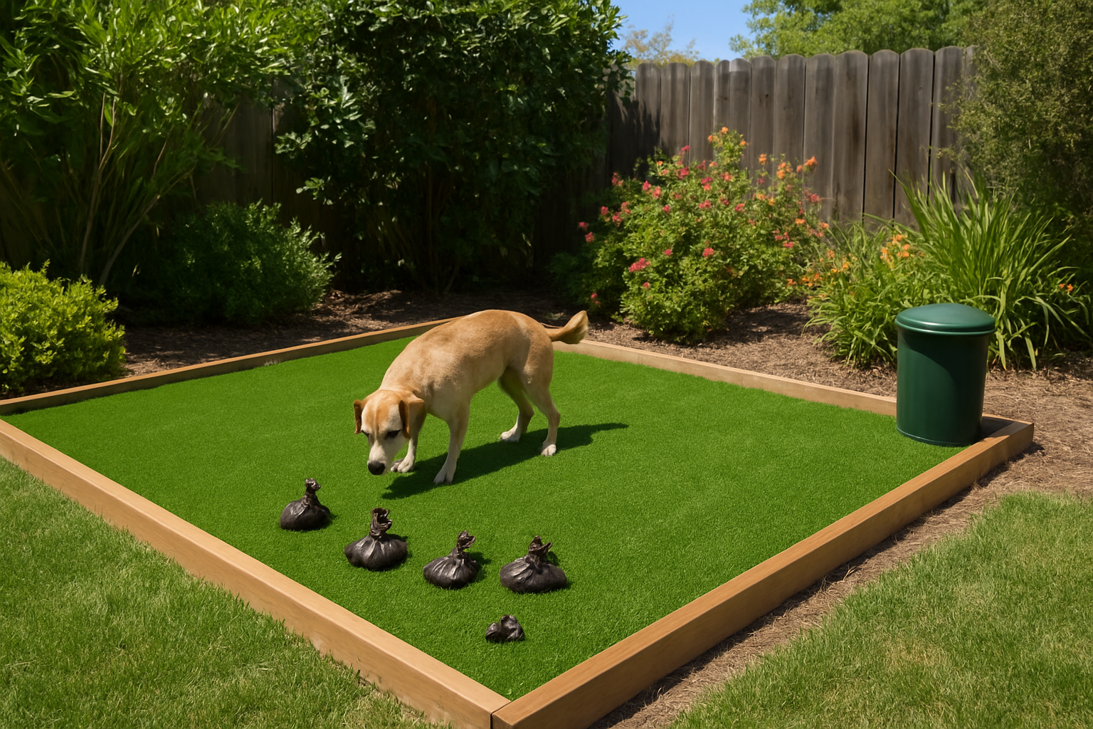 Create a realistic image of a well-maintained backyard dog potty area featuring lush green artificial grass as the main surface, with a small to medium-sized dog using the designated space, wooden or plastic edging borders defining the potty zone, a few scattered dog waste bags and a small waste disposal bin nearby, surrounded by natural landscaping with real plants and flowers, under bright daylight with clear blue sky, showing the contrast between the artificial grass potty area and surrounding natural yard elements, absolutely NO text should be in the scene.