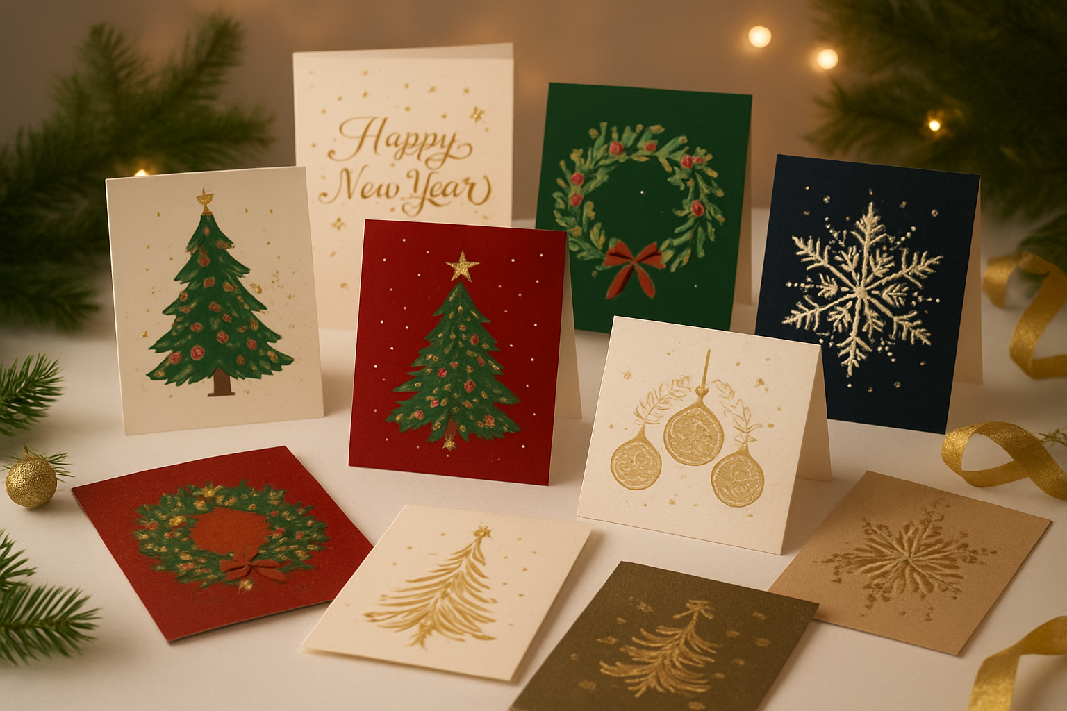 Create a realistic image of an elegant display showcasing a diverse collection of Christmas and New Year greeting cards arranged on a clean white surface, featuring various festive designs including traditional red and green Christmas themes, winter snowflake patterns, golden New Year celebrations, and holiday wreaths, with some cards standing upright in display stands while others are laid flat, surrounded by subtle holiday decorations like pine branches, gold ribbons, and small ornaments, shot with warm ambient lighting that highlights the card details and creates a cozy, inviting atmosphere perfect for an online shop's holiday collection showcase, absolutely NO text should be in the scene.