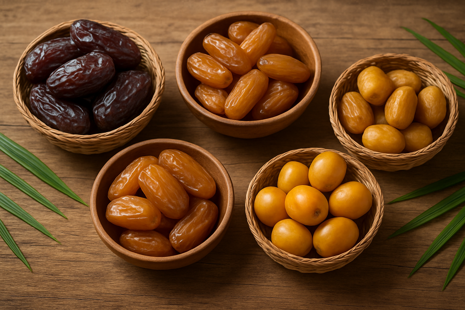 Create a realistic image of various popular date varieties from around the world arranged on a rustic wooden surface, including Medjool dates (large and dark brown), Deglet Noor dates (translucent and golden), Zahidi dates (medium-sized and golden yellow), Halawi dates (soft and honey-colored), and Barhi dates (round and yellow-orange), with each variety displayed in small wicker baskets or wooden bowls, natural daylight illuminating the scene from above, creating soft shadows and highlighting the different textures and colors of each date variety, surrounded by a few date palm leaves as decorative elements, warm and inviting atmosphere. Absolutely NO text should be in the scene.