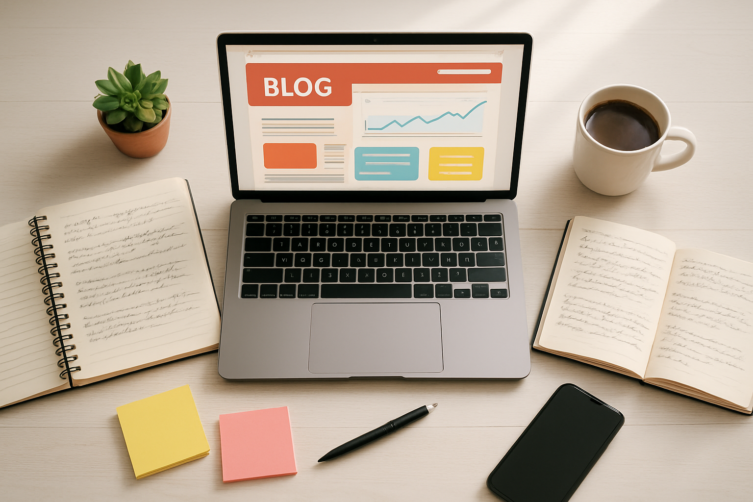 Create a realistic image of a modern workspace desk from above showing an open laptop displaying a colorful blog dashboard, surrounded by scattered notebooks with handwritten notes, a steaming coffee cup, a small potted succulent plant, colorful sticky notes, a pen, and a smartphone, all arranged on a clean white wooden desk surface with soft natural lighting from a window creating gentle shadows, conveying a productive and organized blogging environment with warm and inspiring atmosphere, absolutely NO text should be in the scene.