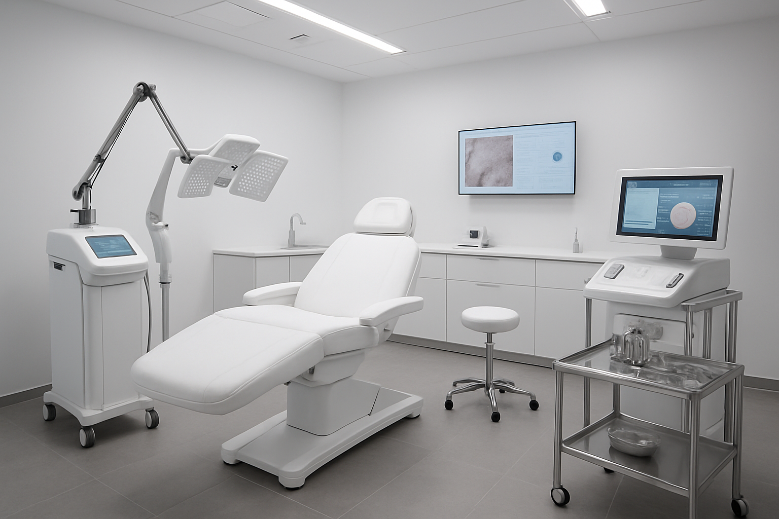 Create a realistic image of a modern dermatology clinic treatment room featuring advanced skincare equipment including laser devices, LED light therapy panels, and digital diagnostic machines with sleek white and chrome finishes, clean minimalist interior with professional medical lighting, sterile environment with contemporary furniture, high-tech monitors displaying skin analysis data, and premium medical instruments arranged on stainless steel surfaces, absolutely NO text should be in the scene.