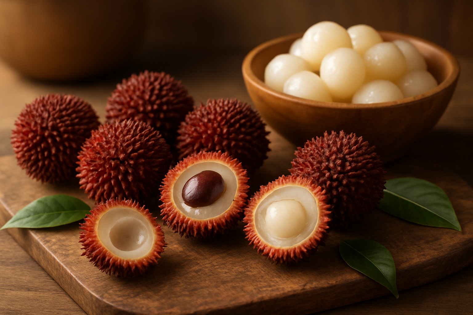 Create a realistic image of fresh pulasan fruits arranged elegantly on a rustic wooden cutting board, with some fruits whole showing their reddish-brown spiky exterior, others cut in half revealing the translucent white flesh and dark seed inside, scattered around a traditional wooden bowl filled with peeled pulasan segments, set against a warm natural kitchen background with soft diffused lighting that highlights the fruit's unique texture and creates gentle shadows, surrounded by a few tropical green leaves for natural decoration, conveying a sense of exotic freshness and culinary discovery, absolutely NO text should be in the scene.