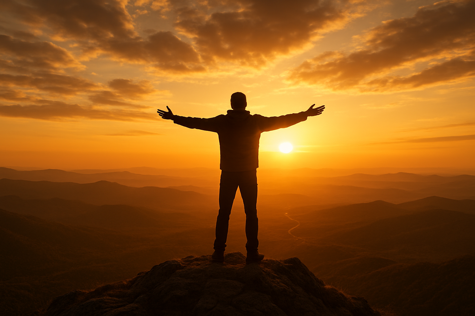 Create a realistic image of a person standing on a mountaintop at sunrise, arms outstretched toward the golden sky, with a vast landscape stretching endlessly below, featuring rolling hills, distant mountains, and a winding path leading toward the horizon, bathed in warm golden and amber light that creates a sense of hope and transcendence, with soft clouds partially illuminated by the rising sun, conveying a mood of peace, purpose, and spiritual contemplation, absolutely NO text should be in the scene.