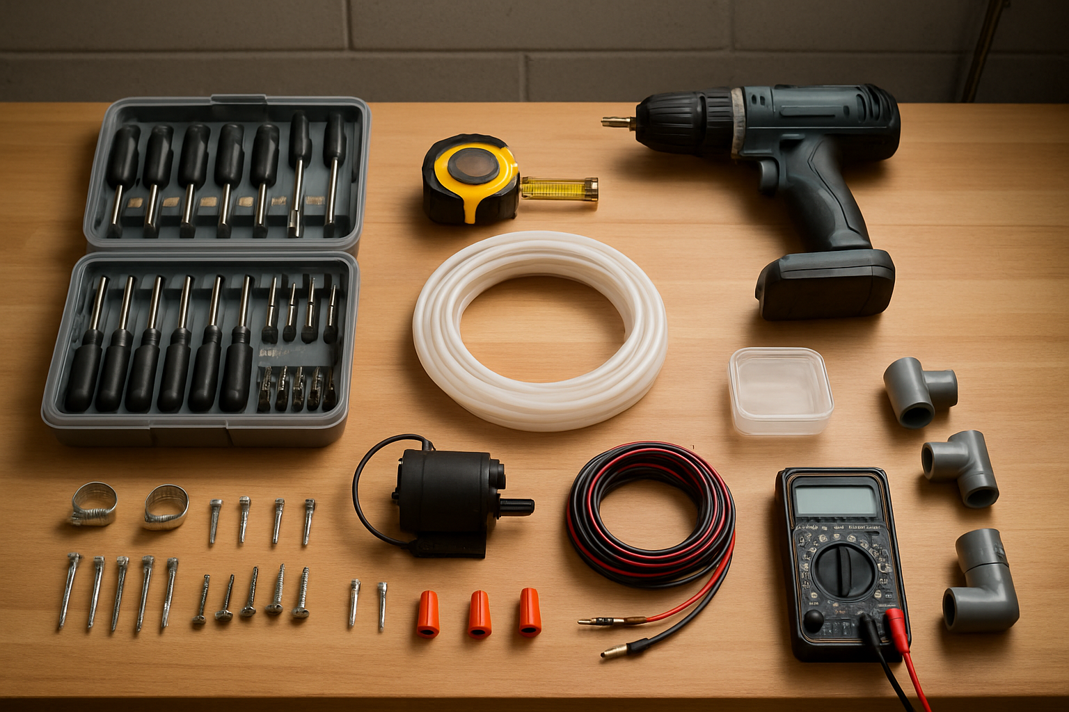 Create a realistic image of a neatly organized collection of DIY tools and materials laid out on a clean wooden workbench, including a screwdriver set, drill, measuring tape, plastic tubing, small water pump, electrical wire, wire connectors, PVC fittings, small plastic container, multimeter, and various small hardware pieces like screws and clamps, with good overhead lighting illuminating the workspace and a simple garage or workshop background, creating a practical and organized DIY project preparation mood, absolutely NO text should be in the scene.