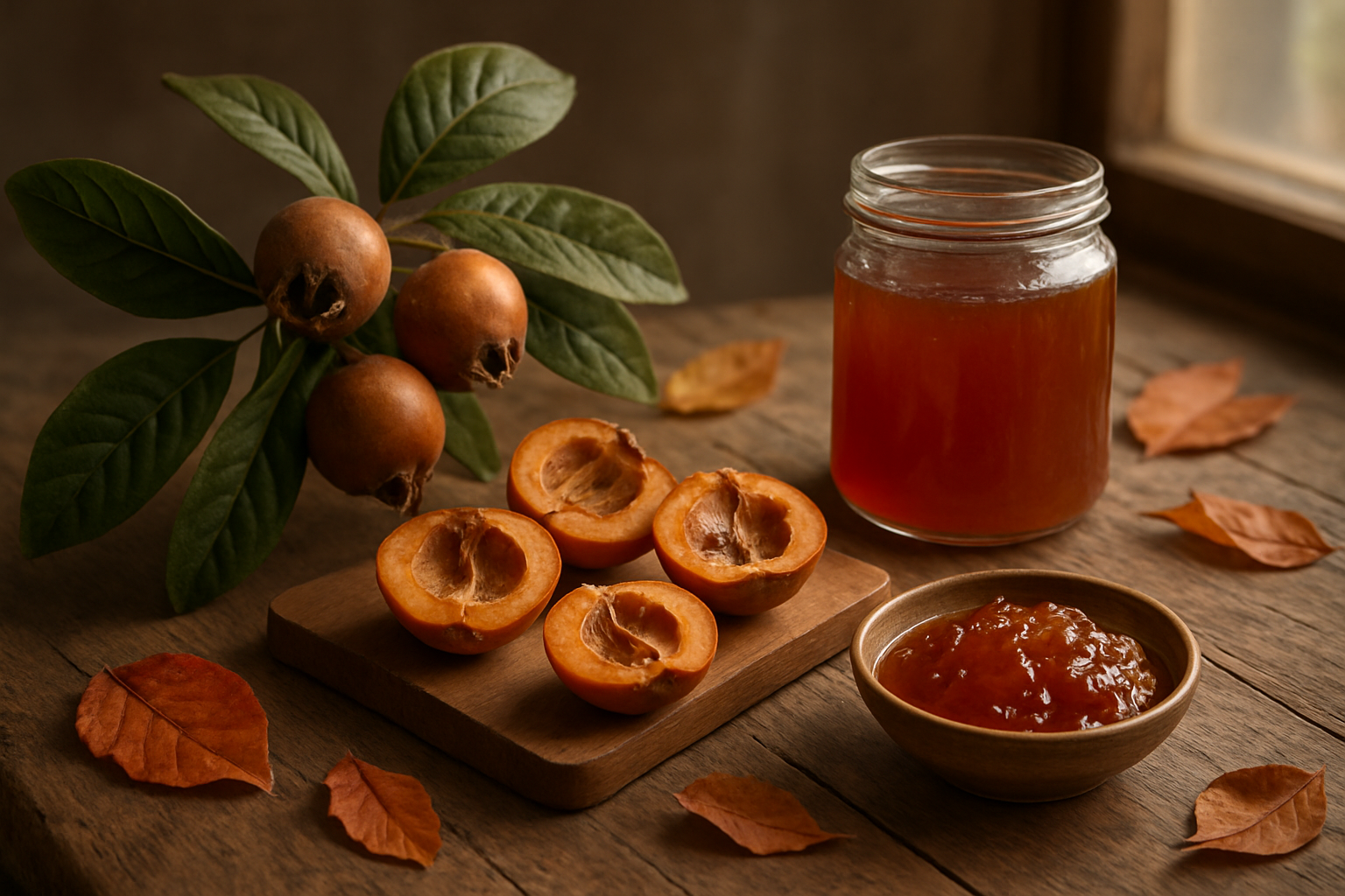 Create a realistic image of a rustic wooden table displaying the complete medlar fruit journey: fresh brown medlar fruits on a tree branch with leaves, ripened soft medlars cut in half showing their flesh, a glass jar of medlar jelly, and a small bowl of medlar preserves, surrounded by scattered autumn leaves and soft natural lighting from a window, creating a warm and inviting culinary scene that celebrates this ancient fruit's transformation from harvest to table, absolutely NO text should be in the scene.