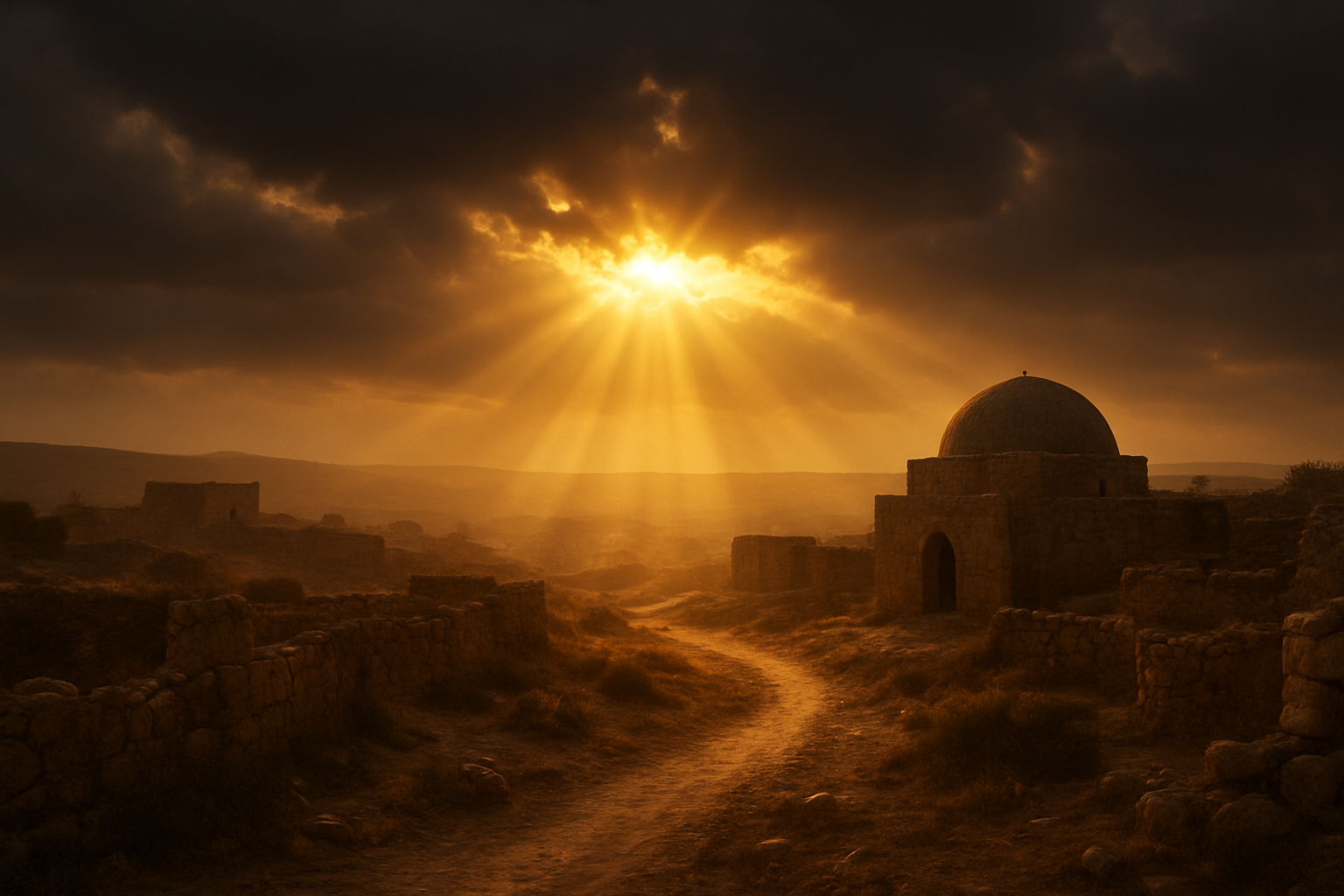 Create a realistic image of a warm, golden sunrise breaking through dark clouds over an ancient Middle Eastern landscape with stone buildings and walls, featuring gentle rays of light illuminating a path from darkness to light, symbolizing transformation and divine grace, with soft atmospheric lighting creating a peaceful and hopeful mood, absolutely NO text should be in the scene.