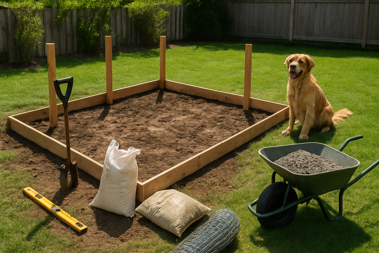 Create a realistic image of a backyard DIY dog run construction project showing a partially completed rectangular fenced area with wooden posts being installed, construction tools like a post-hole digger and level scattered nearby, bags of gravel and sand for ground covering, wire fencing materials rolled up, a wheelbarrow filled with drainage materials, and a happy golden retriever watching the construction progress from outside the work area, set in a residential backyard with green grass surrounding the muddy construction zone, bright daylight with clear skies creating good working conditions, absolutely NO text should be in the scene.