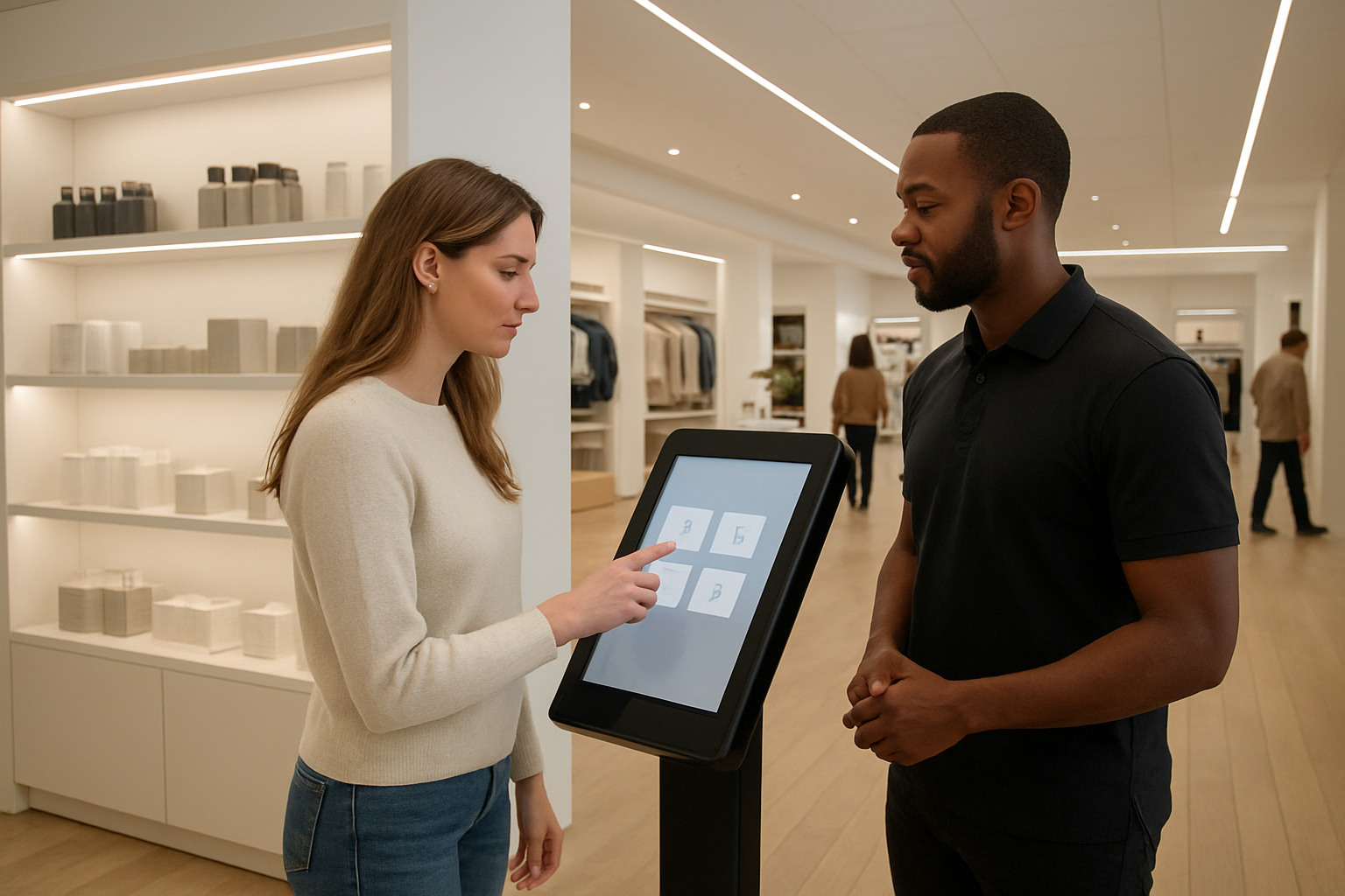Create a realistic image of a modern retail store interior showing a white female customer interacting with a sleek AI-powered digital kiosk or tablet interface, with a black male store associate nearby providing assistance, featuring contemporary retail displays with smart shelving systems, ambient LED lighting creating a welcoming atmosphere, clean minimalist design with technology seamlessly integrated throughout the space, and customers moving naturally through the store in the background. Absolutely NO text should be in the scene.