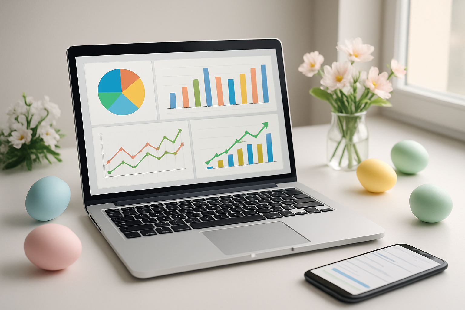 Create a realistic image of a modern laptop computer displaying colorful Easter-themed web analytics charts and SEO ranking graphs on the screen, with a smartphone nearby showing search results, surrounded by subtle Easter decorations like pastel colored eggs and spring flowers on a clean white desk, soft natural lighting from a window, professional workspace atmosphere, absolutely NO text should be in the scene.