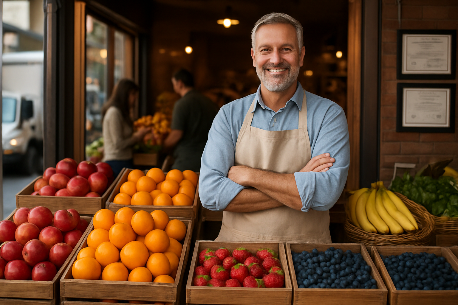 Create a realistic image of a successful fruit business setup showing a vibrant fruit stand or small storefront with neatly arranged colorful fresh fruits including apples, oranges, bananas, and berries in wooden crates and baskets, with a smiling middle-aged white male business owner wearing a clean apron standing proudly behind the display, warm natural lighting creating an inviting atmosphere, customers visible in the soft-focused background browsing the produce, professional business permits and certifications visible on a nearby board, delivery truck partially visible in the background suggesting established supplier relationships, clean and organized workspace with modern equipment, conveying success, achievement, and the culmination of all business planning steps. Absolutely NO text should be in the scene.