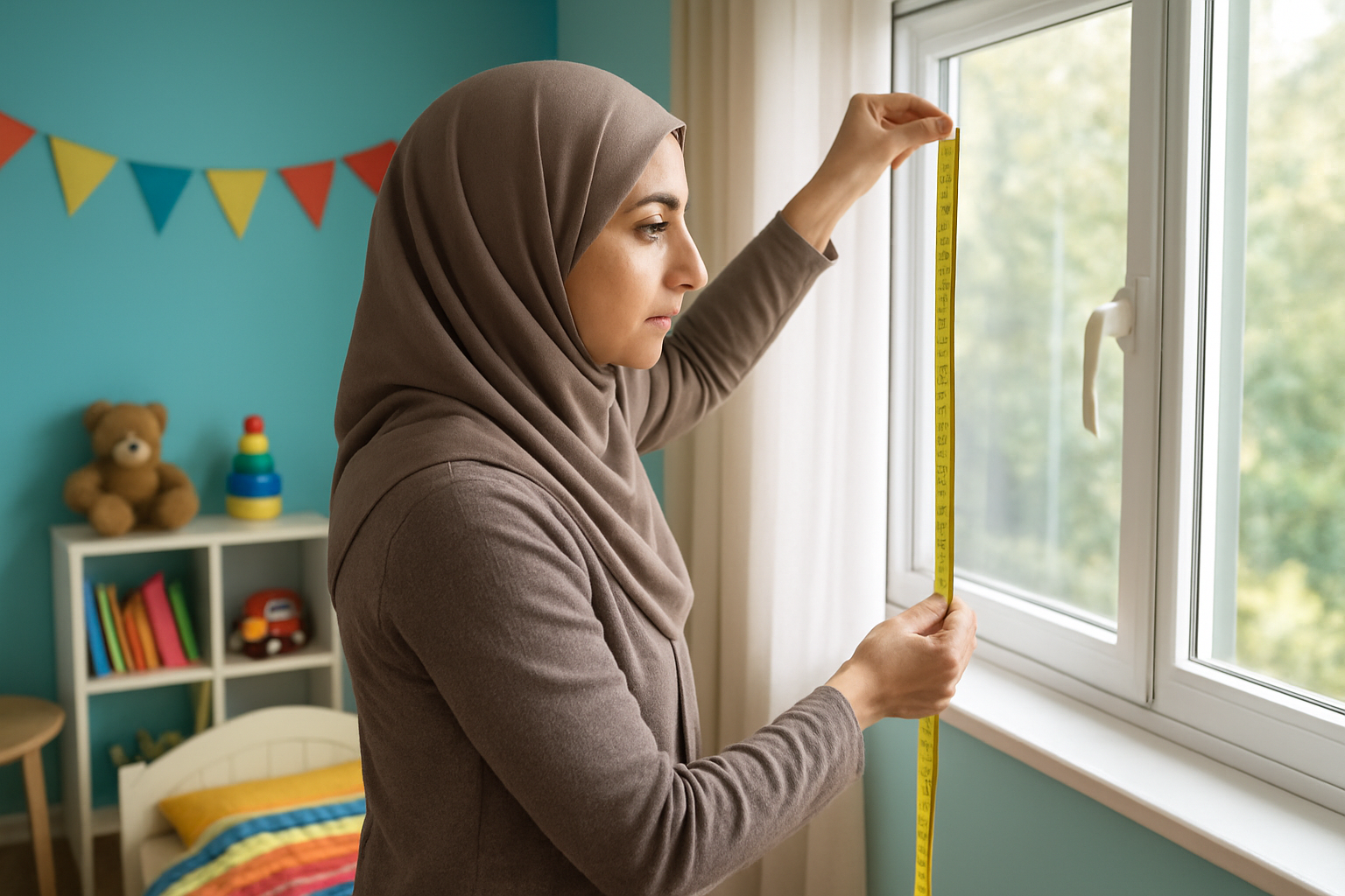 Create a realistic image of a Middle Eastern woman measuring a colorful children's bedroom window with a measuring tape, showing proper curtain installation techniques, with a bright and cheerful kids' room in the background featuring toys, a small bed, and natural daylight streaming through the window, professional and instructional mood, absolutely NO text should be in the scene.