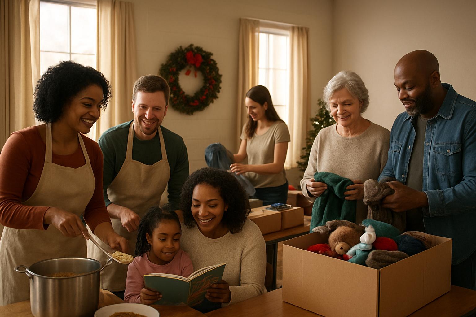 Create a realistic image of a diverse group of people including white and black males and females of various ages engaged in year-round charitable activities that embody Christmas values, showing them volunteering at a community center with some serving food to others, some reading to children, and others organizing donated clothes and toys, set in a warm, welcoming indoor space with soft natural lighting streaming through windows, creating an atmosphere of love, generosity, and community service that extends beyond the holiday season, with decorative elements suggesting ongoing compassion and giving throughout the year, absolutely NO text should be in the scene.