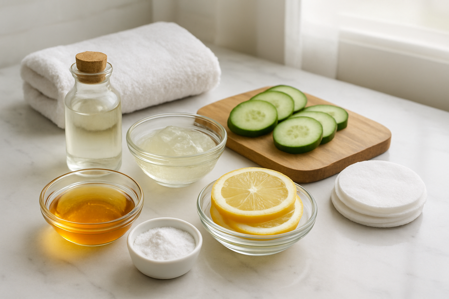 Create a realistic image of a clean, organized bathroom countertop featuring natural home remedies for acne scar treatment including small glass bowls containing honey, aloe vera gel, and lemon slices, a bottle of coconut oil, fresh cucumber slices on a wooden cutting board, a small container of baking soda, cotton pads, and a clean white towel, with soft natural lighting from a window creating a calm and therapeutic atmosphere, shot from a slightly elevated angle to show all ingredients clearly arranged on white marble surface. Absolutely NO text should be in the scene.