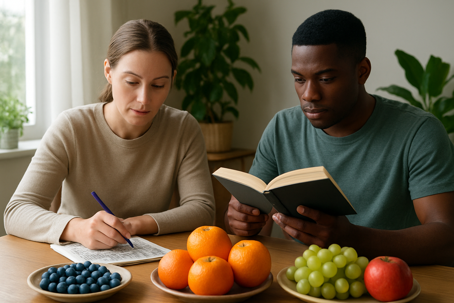 Create a realistic image of a diverse group including a white female and black male sitting at a wooden table with colorful fresh fruits like blueberries, oranges, apples, and grapes arranged beautifully, both people appearing focused and alert while engaged in brain-stimulating activities like puzzle-solving or reading, with soft natural lighting from a nearby window creating a calm and positive atmosphere, green plants visible in the background suggesting a healthy lifestyle environment, the overall mood conveying mental clarity and cognitive wellness. Absolutely NO text should be in the scene.
