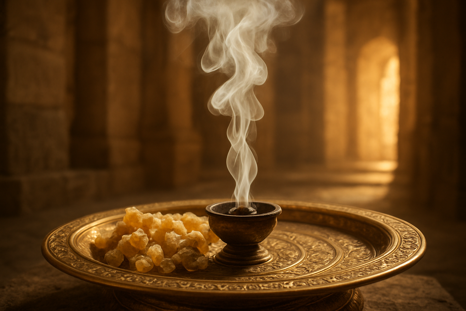 Create a realistic image of frankincense resin crystals and incense burning on an ornate golden altar or ceremonial plate, with aromatic white smoke rising gracefully upward, set against a warm, softly lit ancient Middle Eastern temple or sacred space background with stone walls and golden light filtering through, creating a reverent and mystical atmosphere that conveys spiritual significance and divine worship, absolutely NO text should be in the scene.