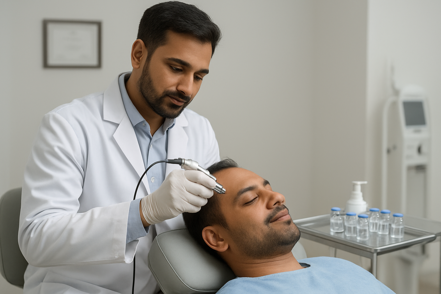 Create a realistic image of a modern medical clinic in India showing an Indian male doctor in a white coat performing exosome therapy hair treatment on an Indian male patient lying on a medical chair, with the doctor using a specialized micro-needling device on the patient's scalp, sterile medical equipment and exosome vials visible on a nearby tray, clean white clinical background with soft professional lighting, the patient appearing relaxed and comfortable during the procedure, medical certificates and equipment subtly visible in the background creating a professional healthcare atmosphere, absolutely NO text should be in the scene.