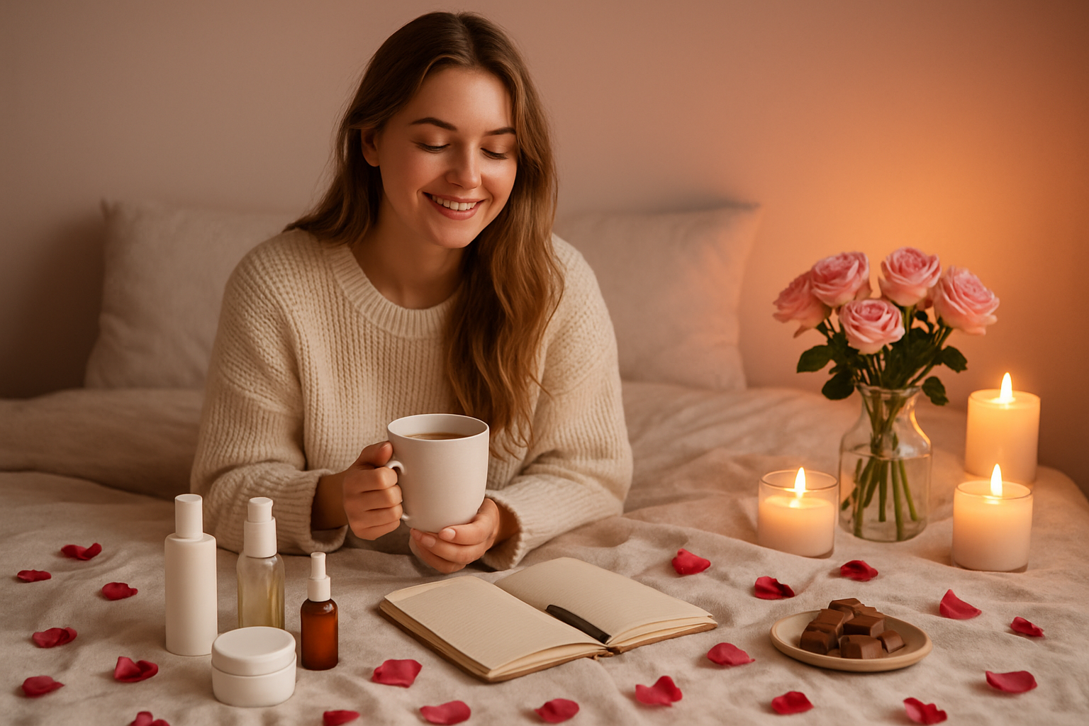 Create a realistic image of a young white female sitting comfortably on a cozy bed surrounded by self-care items including skincare products, a steaming cup of tea, chocolates, fresh flowers in a vase, candles creating warm ambient lighting, a journal with a pen, and rose petals scattered around, with soft pink and warm lighting creating a peaceful and loving atmosphere that celebrates independence and self-appreciation, absolutely NO text should be in the scene.