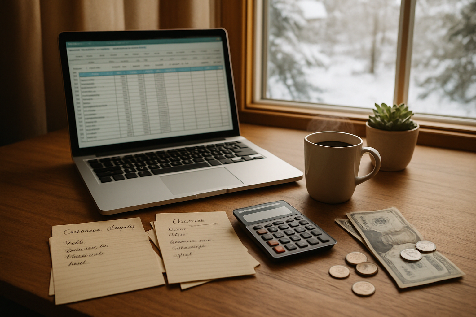 Create a realistic image of a cozy home office scene with a wooden desk featuring an open laptop displaying a budget spreadsheet, scattered Christmas shopping lists, a calculator, some cash bills and coins, a steaming coffee mug, and a small potted plant, with warm natural lighting coming through a window showing a snowy winter scene outside, creating a peaceful and organized atmosphere for holiday financial planning, absolutely NO text should be in the scene.