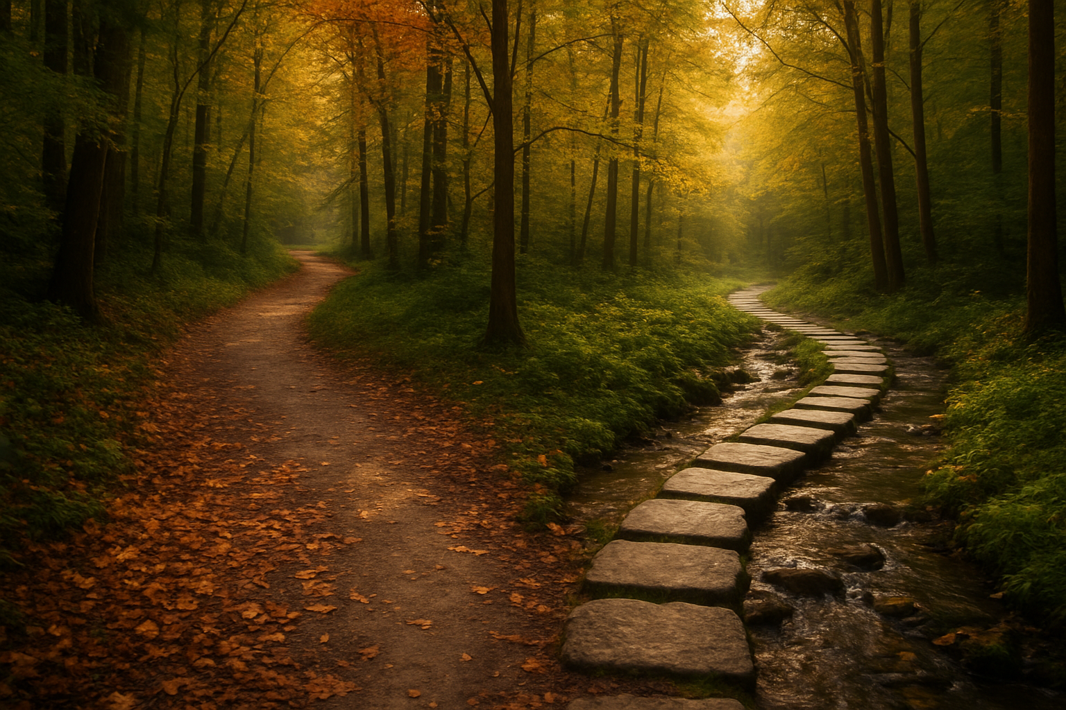Create a realistic image of a winding path that splits into two directions through a serene forest, with one path showing fallen autumn leaves representing the spontaneous nature of falling in love, and the other path showing carefully placed stepping stones across a gentle stream representing the deliberate choice to love, soft golden hour lighting filtering through the trees creating a contemplative and peaceful mood, with both paths eventually converging in the distance symbolizing the transition between different forms of love, absolutely NO text should be in the scene.
