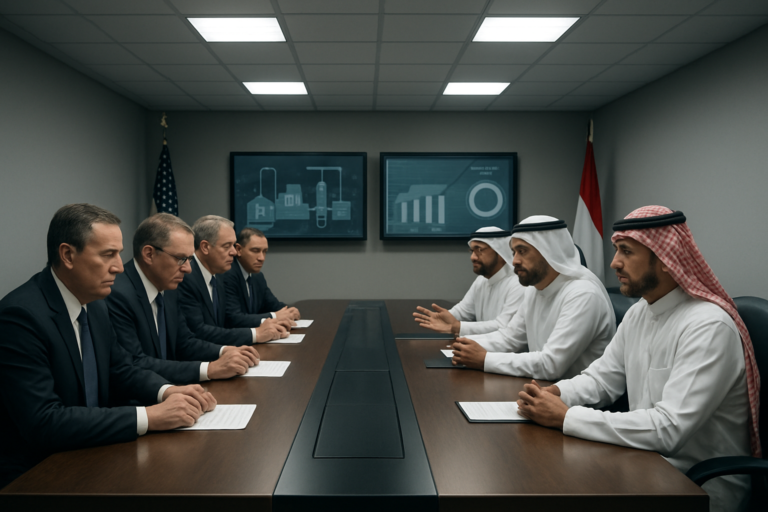 Create a realistic image of a modern government conference room with two distinct sections showing contrasting leadership - on one side a formal meeting table with middle-aged white male officials in dark suits reviewing documents, on the other side Middle Eastern male leaders in traditional and modern attire discussing around a table, with large wall-mounted screens displaying nuclear facility diagrams and uranium enrichment charts, sterile fluorescent lighting creating a tense diplomatic atmosphere, flags of both nations visible in background corners, serious expressions on all faces suggesting high-stakes negotiations, absolutely NO text should be in the scene.