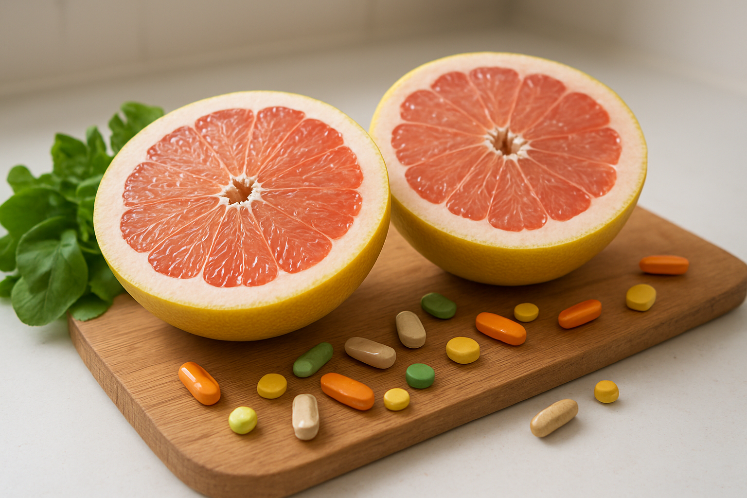 Create a realistic image of fresh pomelo fruits cut in half displaying their juicy pink and white segments, surrounded by colorful vitamin pills, fresh leafy greens, and a wooden cutting board, with soft natural lighting highlighting the vibrant citrus flesh and nutritional elements, set against a clean white kitchen counter background, absolutely NO text should be in the scene.