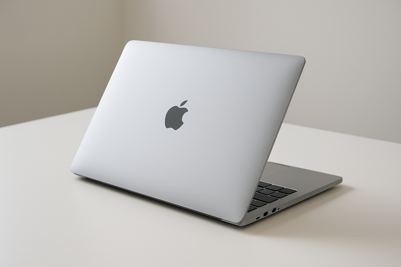 Create a realistic image of a sleek silver MacBook Pro laptop positioned at a three-quarter angle on a minimalist white desk surface, showcasing its premium aluminum unibody construction with clean lines and precise engineering details, soft natural lighting from the side highlighting the smooth metallic finish and build quality, modern clean background with subtle shadows, professional product photography style emphasizing the laptop's solid construction and premium materials. Absolutely NO text should be in the scene.