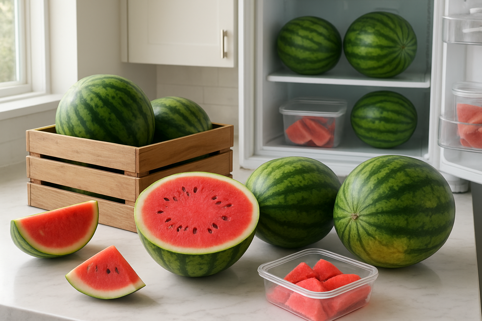 Create a realistic image of fresh whole watermelons and cut watermelon pieces displayed on a kitchen counter, showing different stages of ripeness and storage methods, with some watermelons in a wooden crate, others stored in clear containers in an open refrigerator visible in the background, natural kitchen lighting from a window, clean modern kitchen setting with marble countertops, absolutely NO text should be in the scene.