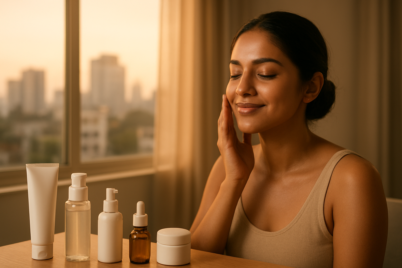 Create a realistic image of a young Indian woman with glowing, radiant skin sitting at a modern vanity table with various skincare products including cleansers, serums, moisturizers, and sunscreen bottles neatly arranged, soft natural lighting streaming through a window showing Bangalore's urban skyline in the background, the woman gently touching her face with a satisfied expression, the scene conveying achievement and skincare success with warm, golden hour lighting creating a peaceful and accomplished mood, absolutely NO text should be in the scene.
