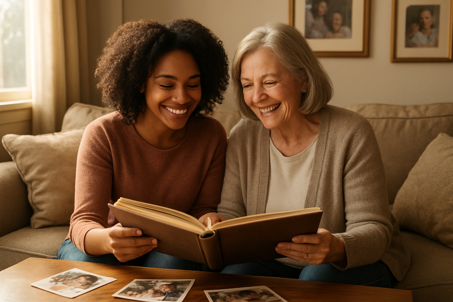 Create a realistic image of a mixed-race (black female and white female) adult daughter and mother sitting together on a cozy living room couch, smiling and looking through an old photo album filled with family pictures, a few loose photographs scattered on the coffee table in front of them, warm natural sunlight streaming through a window, soft furnishings and framed family portraits in the background, conveying a sentimental and joyful mood, Absolutely NO text should be in the scene.